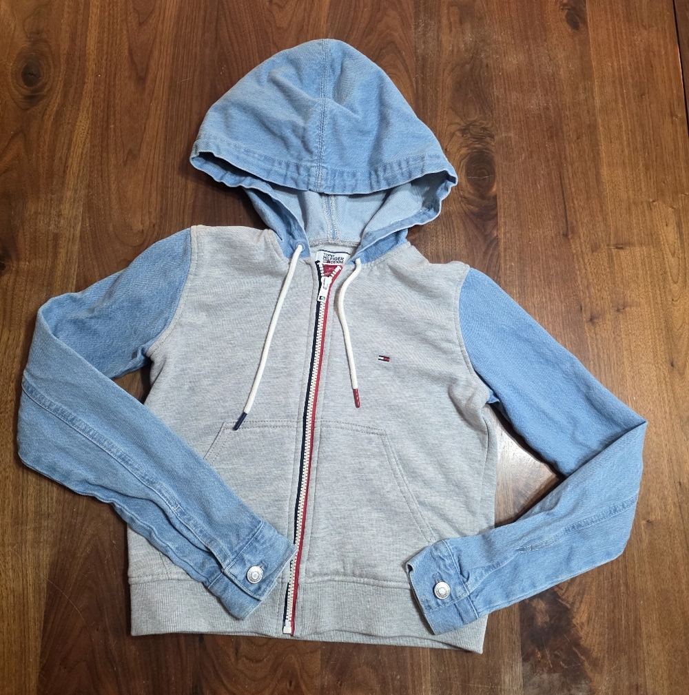 Blue and Gray Hooded Jacket XXS Tommy Hilfiger Jacket Ladies Y2K